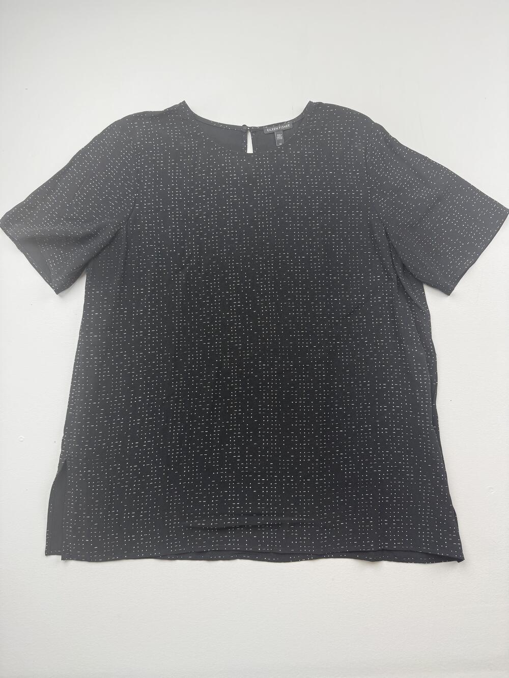 Eileen Fisher Blouse Womens 14 Black Crew Neck Short Sleeve Geometric Woven Top